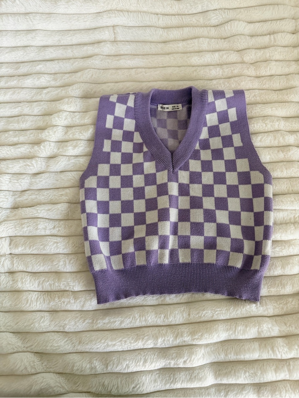 SHEIN Lavender and Cream Checkered Knit V‑Neck Sweater Vest